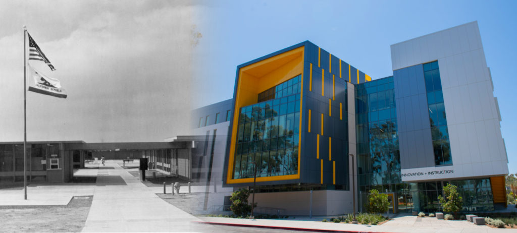 Collage of new Innovation & Instruction building and old small college