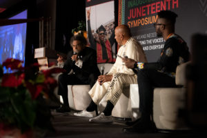 From left to right: Dr. Cornel West, CSUDH President Thomas Parham, and CSUDH ASI President Obioha Ogbonna.