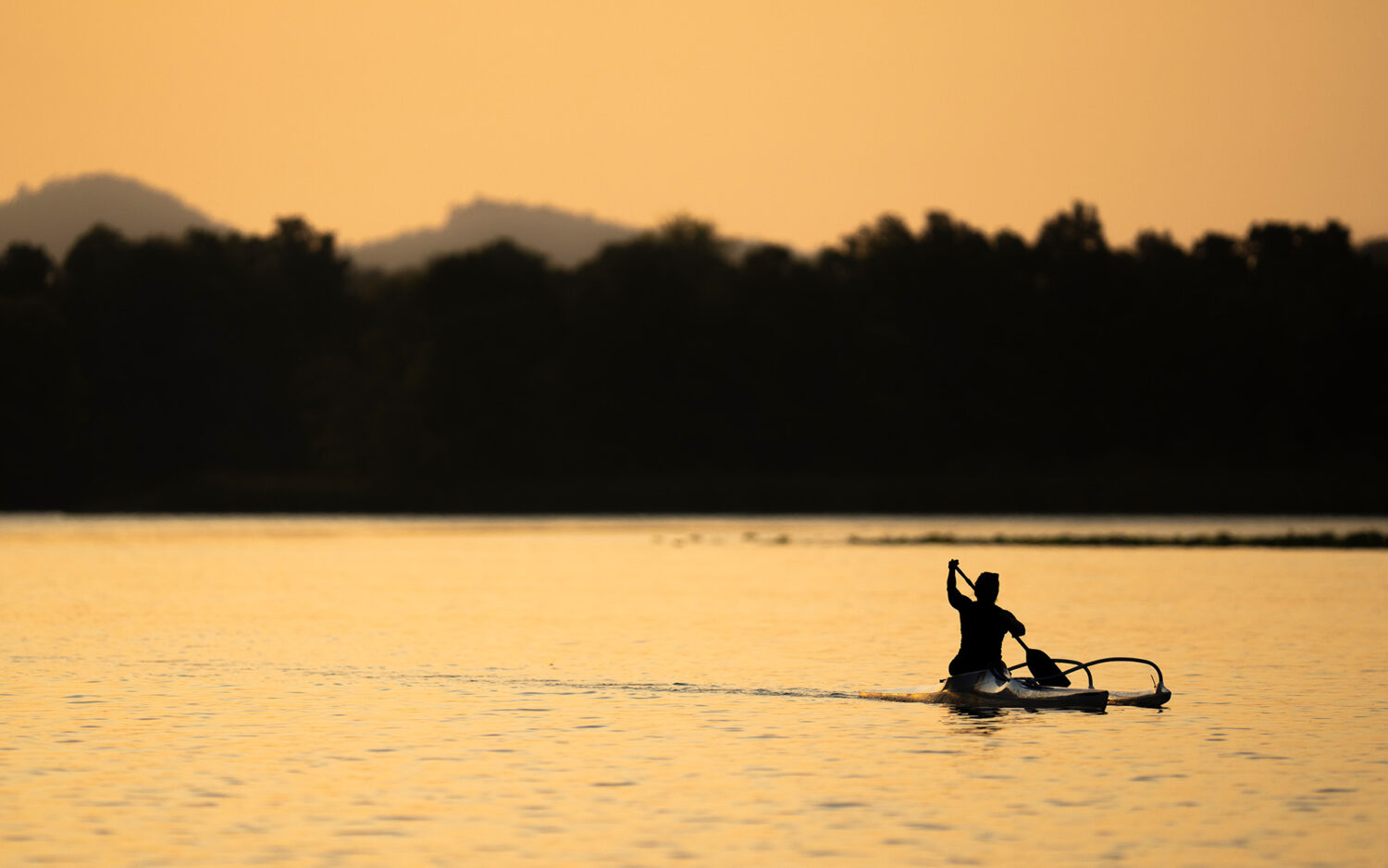 Paddling at sunset with forest in background.