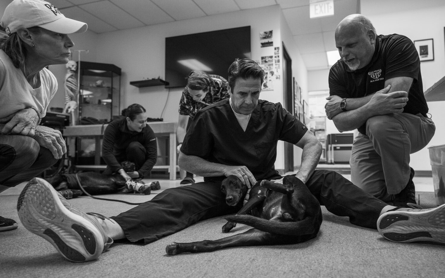 Zoe reclines on the floor while staff assess her legs.