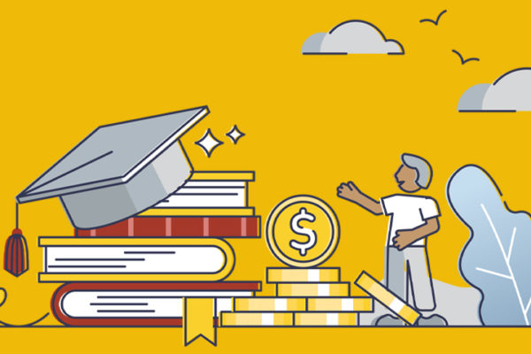 Illustration of student standing next to oversized coins, books, and graduation cap.