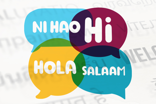 Color speech bubbles saying "hello" in various languages.