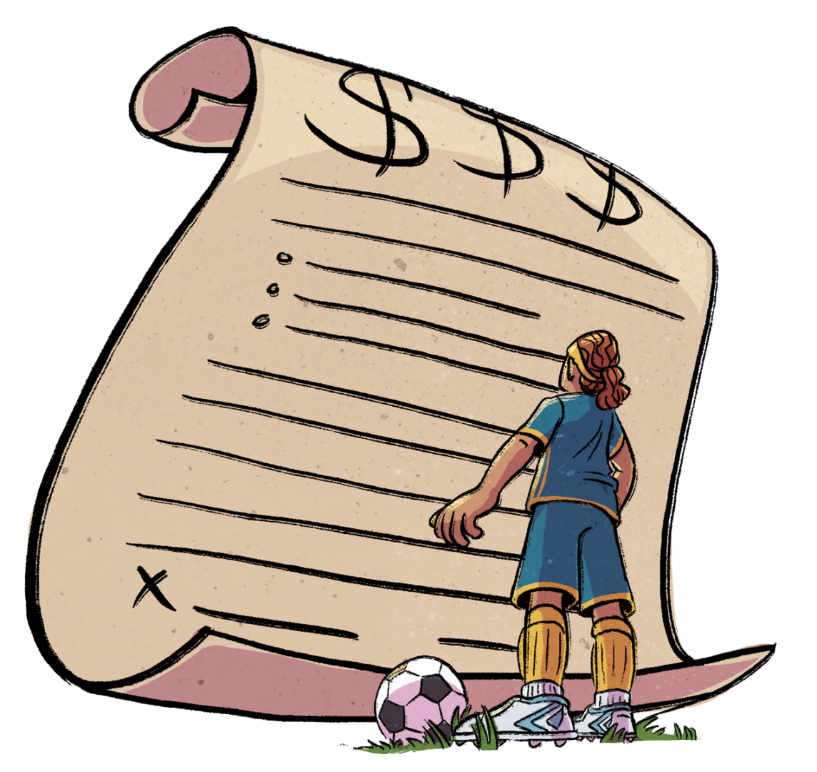Illustration of soccer player looking up at an enormous paper control.