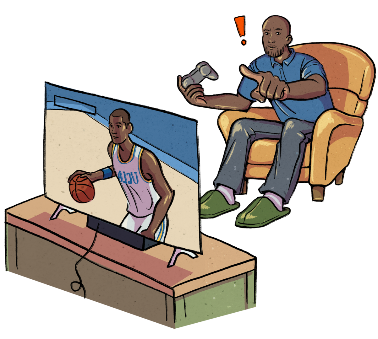 Illustration of Ed O'Bannon seated in armchair before a TV. On the screen is a video game character that looks exactly like him in college.