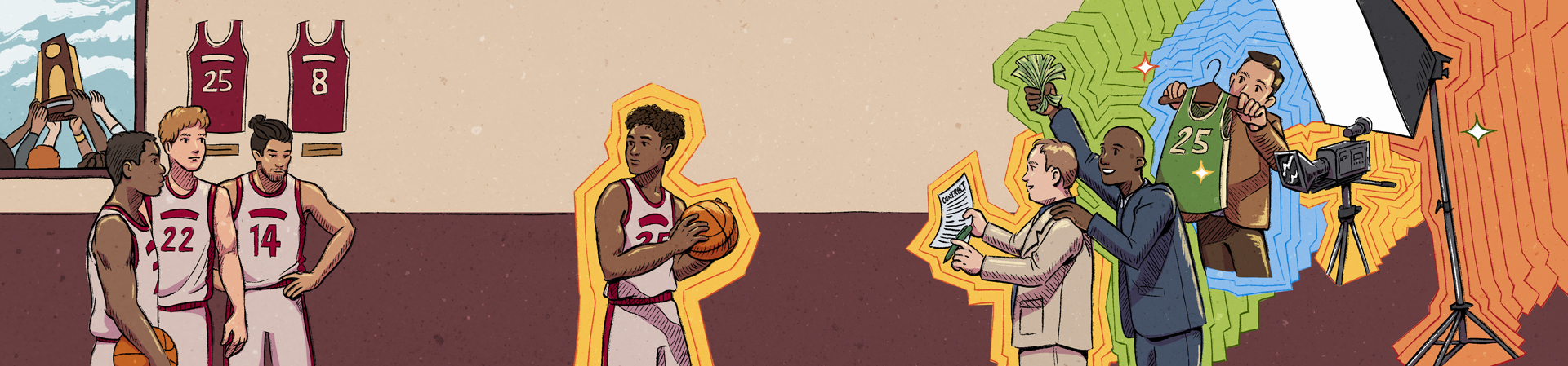 Illustration of basketball player looking back at his teammates as admins with contracts and NIL deals beckon him.