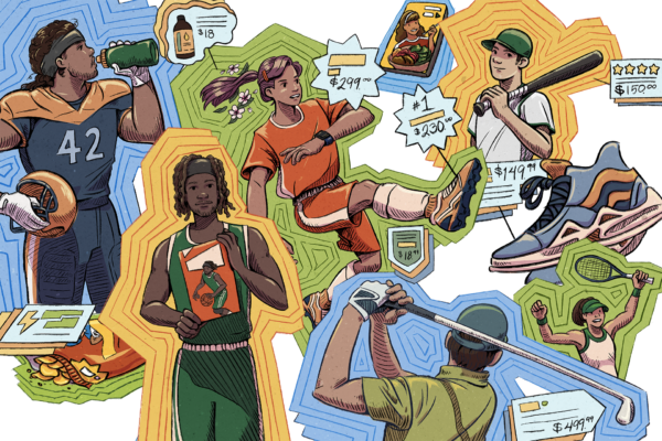 Illustrated college athletes in various sports paired with ads