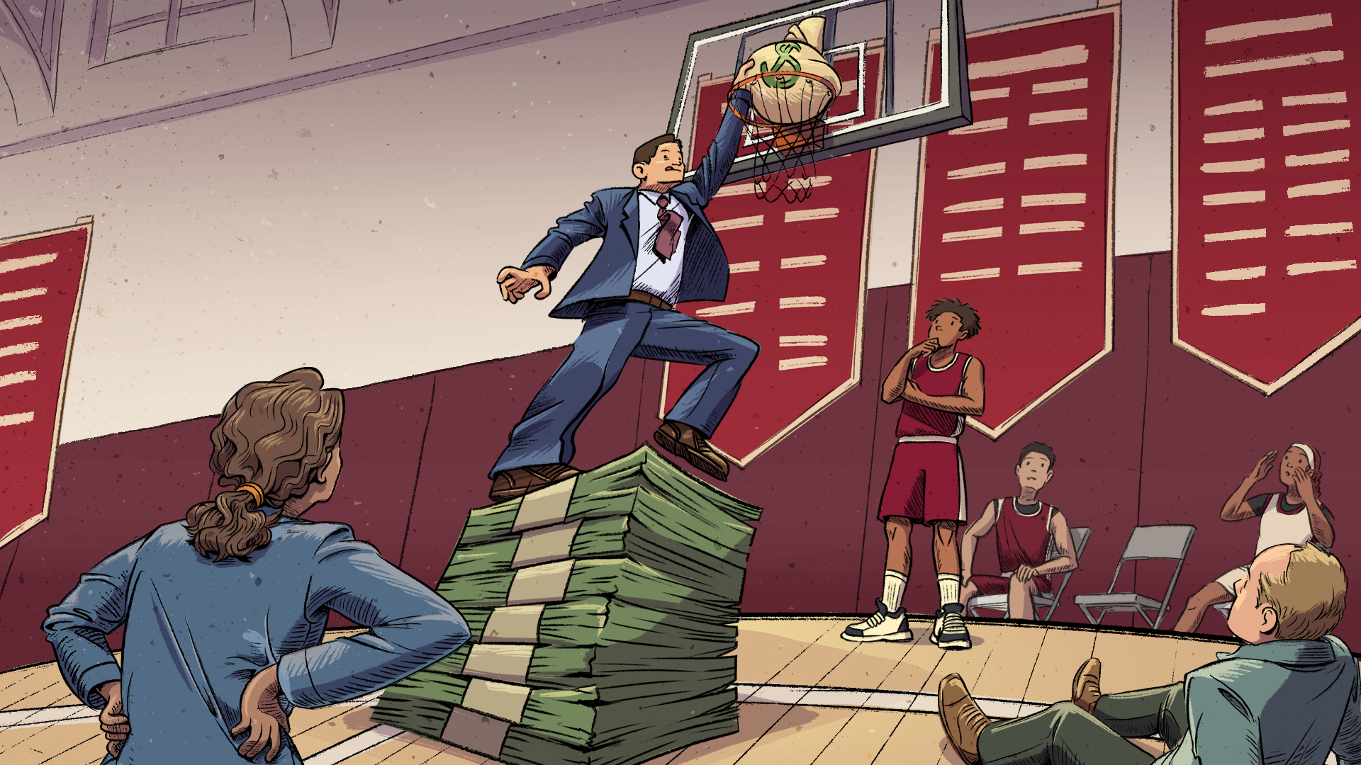 Administrators in suits playing basketball while athletes observe.
