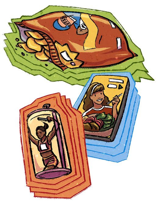 Illustrated chips, phone app, and energy drink with college athletes featured.