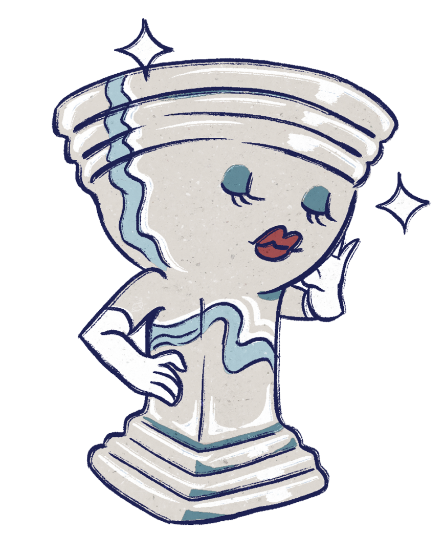 Illustrated pedestal style toilet wearing glamorous makeup and silk gloves.