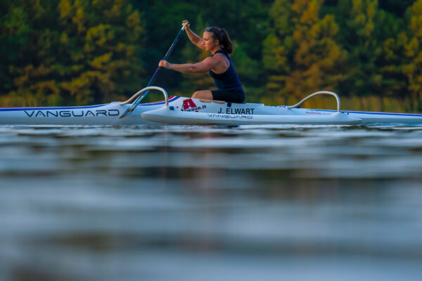 Jillian in Va'a canoe on the water