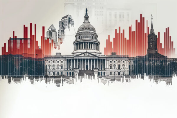 Illustrated capitol building with graph bars superimposed over.