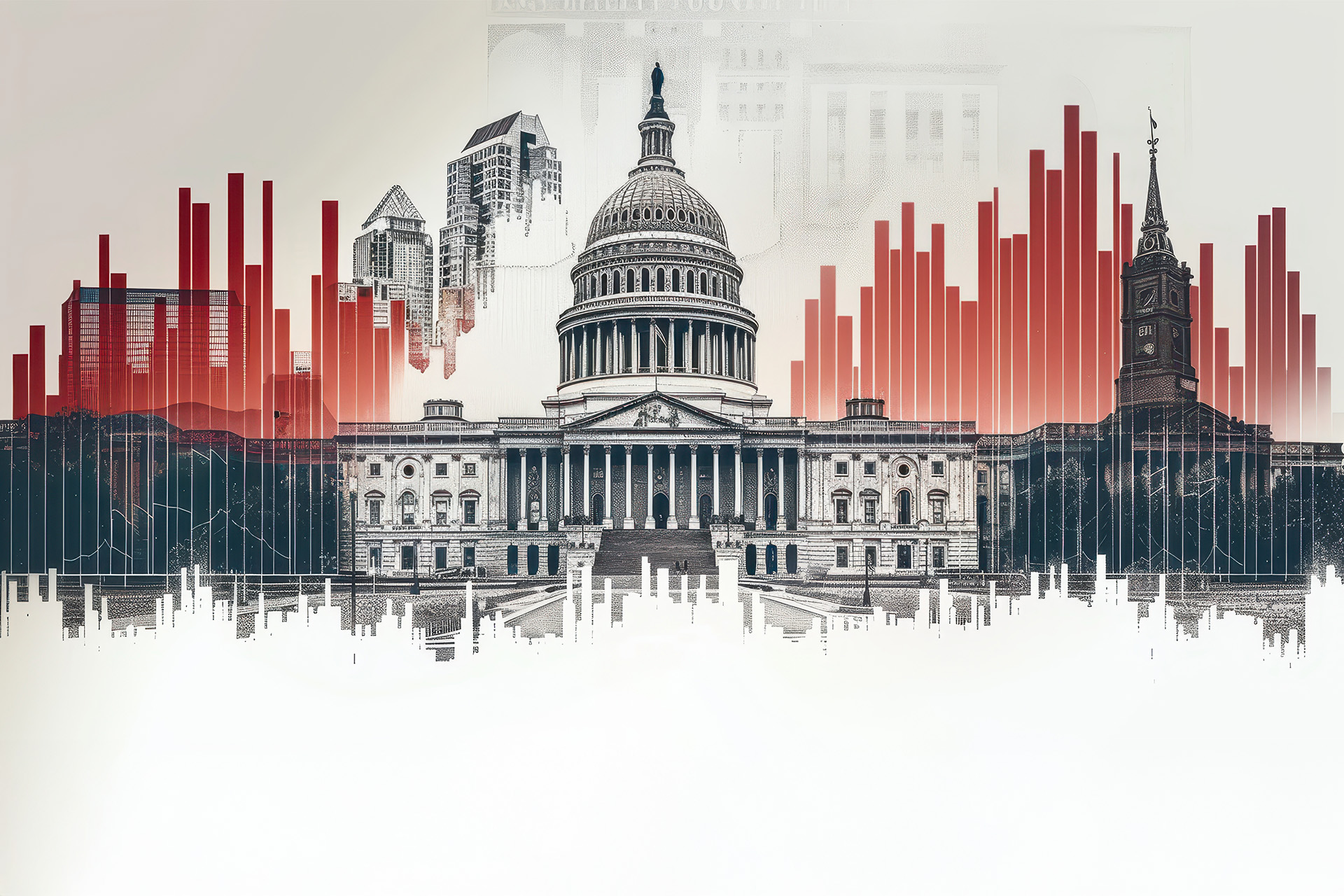 Illustrated capitol building with graph bars superimposed over.