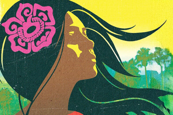 Illustration of woman with medium complexion, long dark hair, adorned with a pink flower.
