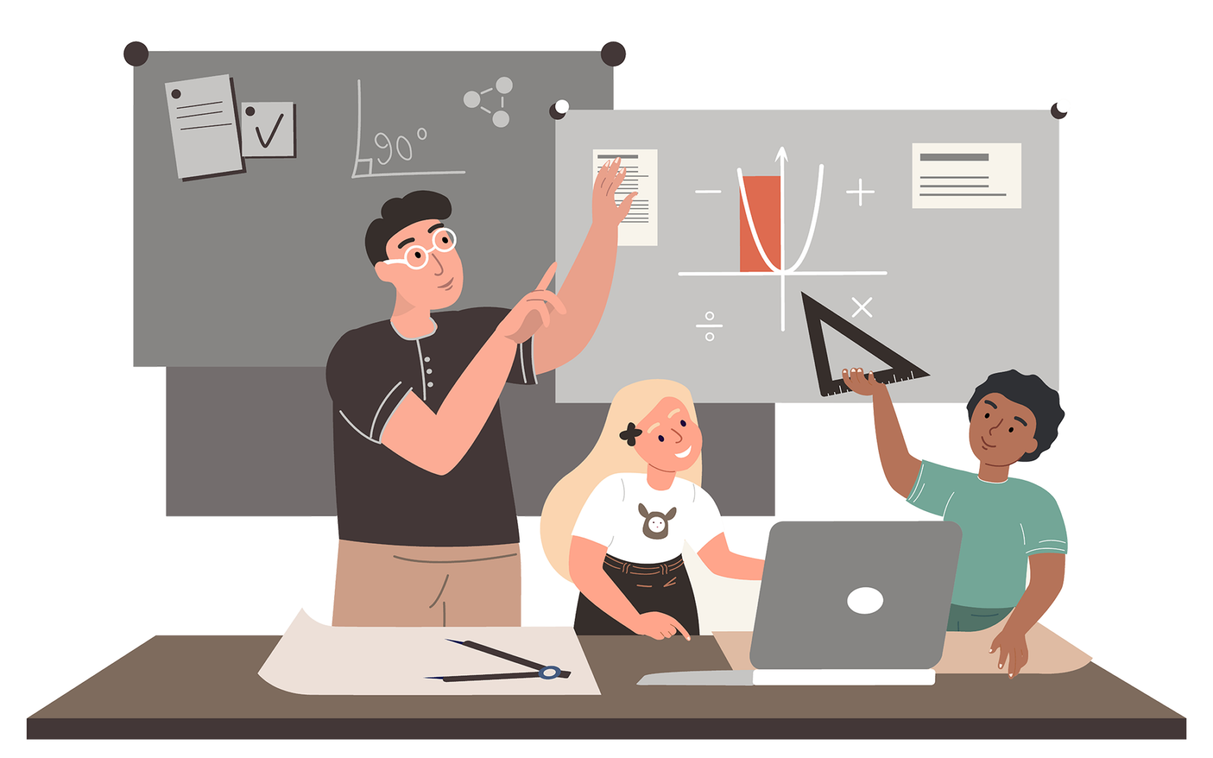 Illustration of students and teacher in geometry class.